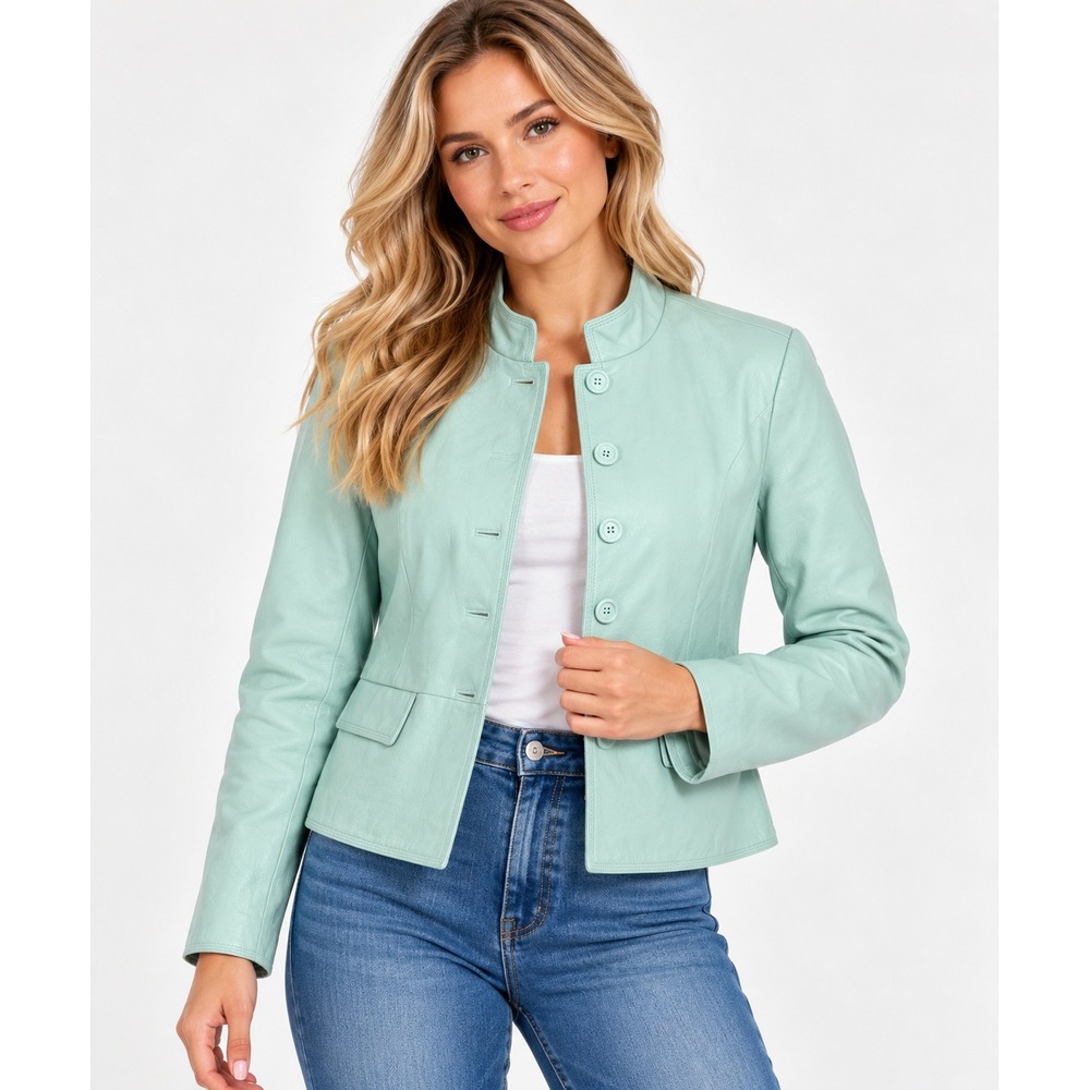 Chadwicks Womens Mint Green Genuine Leather Button Jacket Y2K Vintage